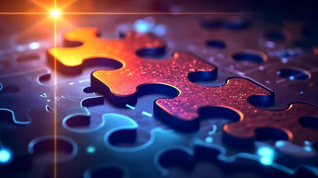 Close-up of puzzle pieces being connected together, representing teamwork and problem-solving