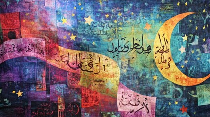Crescent Moon and Stars: A Night Sky Tapestry of Arabic Calligraphy