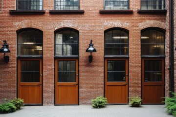 Fototapeta premium A charming urban courtyard features a vintage brick facade that showcases three elegant wooden doors and large, inviting windows, all beautifully illuminated by the warm light of daytime