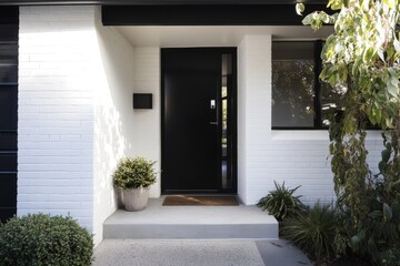A contemporary entryway features a stylish black door, complemented by minimalist landscaping, all set within a charming residential neighborhood