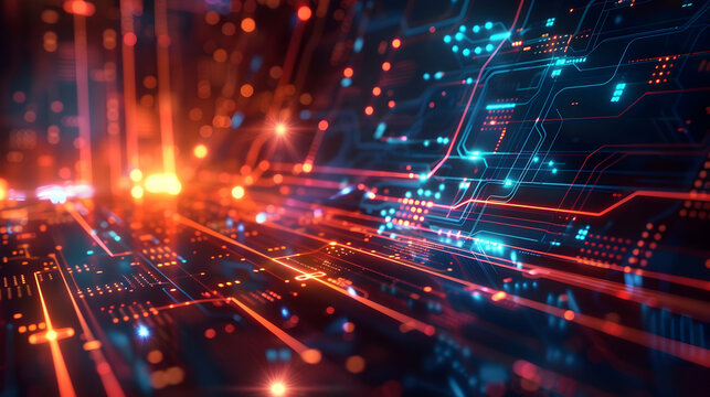 Abstract digital circuit design with glowing lines and nodes in a futuristic style.