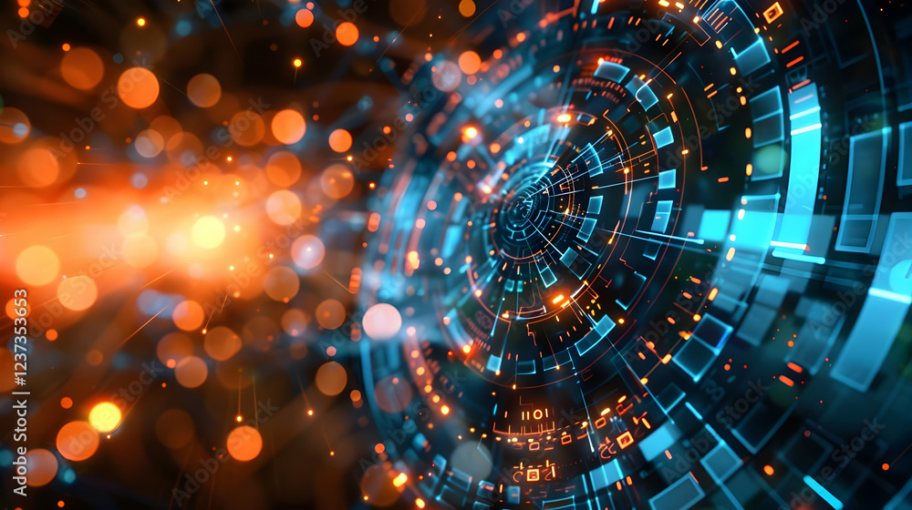 Aufkleber abstract digital swirl with glowing particles and circular patterns.