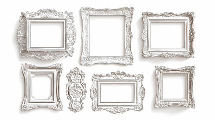 Collection of vintage silver picture frame isolated, cinematic, with white tones. Cinematic Frame. Illustration