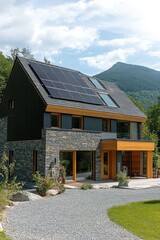 Naklejka premium A contemporary eco-friendly home featuring solar panels is beautifully situated against a stunning mountain backdrop, creating a tranquil landscape bathed in daylight