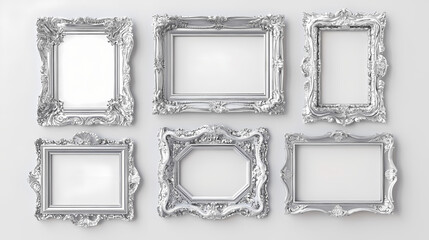 Collection of vintage silver picture frame isolated, cinematic, with white tones. Cinematic Frame. Illustration