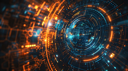 Abstract digital design featuring glowing circuits and data patterns in blue and orange hues.