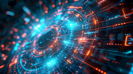 Abstract digital design featuring vibrant blue and orange circuitry patterns.