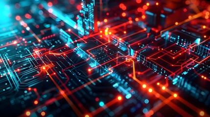 Fototapeta premium A vibrant digital circuit board with glowing lines and nodes representing technology and data flow.