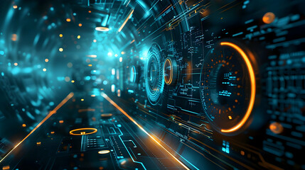 Futuristic digital landscape with glowing circuits and data elements.