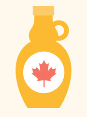 Flat style vector illustration of a bottle of pure Canadian maple syrup with a maple leaf
