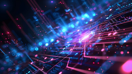 Fototapeta premium Abstract digital landscape with glowing lines and nodes, representing technology and data flow.