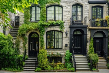 Naklejka premium Nestled in a lively urban neighborhood, this enchanting historic building boasts an ivy-covered facade, beautifully illuminated in the late afternoon light