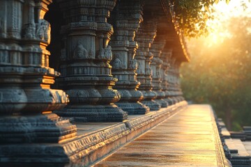 Sunrise at ancient temple, pillars detail, India, travel