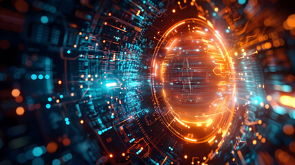Obraz premium A futuristic digital landscape with vibrant blue and orange lights and intricate circuitry.