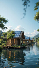 Eco friendly house on water with solar panels, surrounded by nature