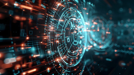 Fototapeta premium Abstract digital design with glowing circuits and data patterns.