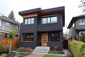 Fototapeta premium A contemporary black brick house featuring elegant wooden accents, beautifully designed alongside a landscaped garden, set in a charming suburban neighborhood on a bright, clear day