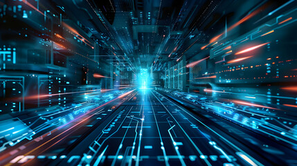 A futuristic digital landscape with glowing lines and data streams.