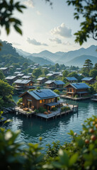 Fototapeta premium serene lakeside village with wooden houses surrounded by mountains and greenery. calm water reflects beautiful scenery