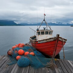 Obraz premium Old Fishing Boat with Nets and Buoys on Dock