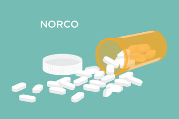 Vector Norco narcotic pain medicine tablets falling out of a prescription bottle