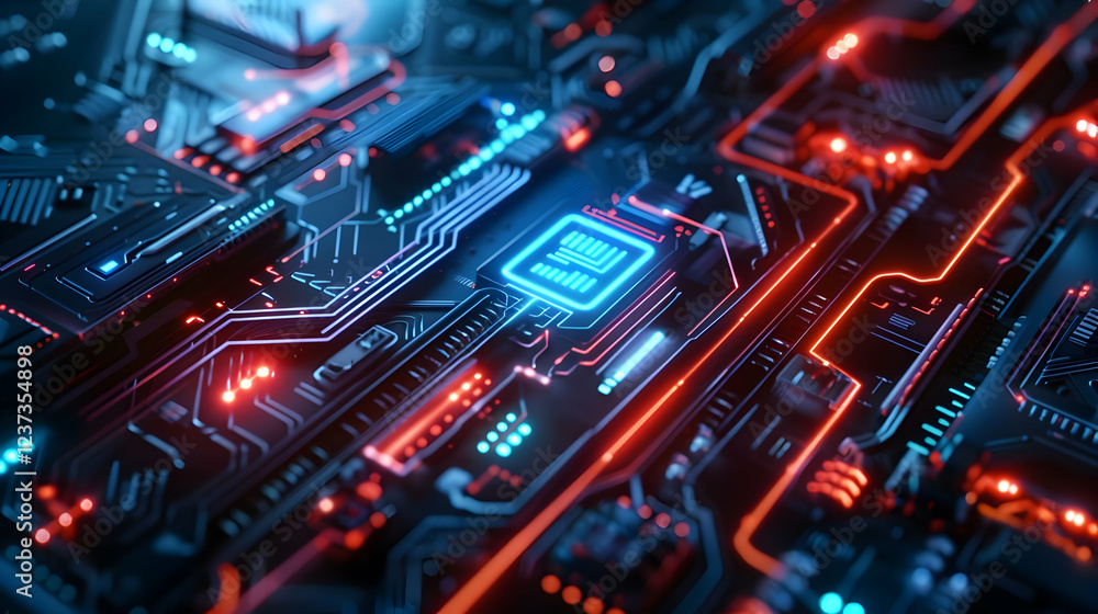 Aufkleber a close-up view of a futuristic circuit board with glowing elements and intricate designs.