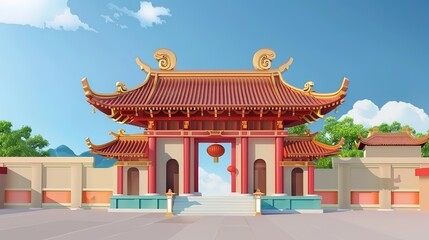 Fototapeta premium Mountns_digital_painting_ancient_chinese_architect