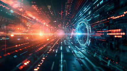Obraz premium Futuristic digital landscape showcasing data streams and glowing elements.