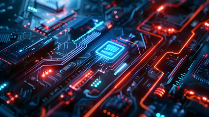 Obraz premium A close-up view of a futuristic circuit board with glowing elements and intricate designs.