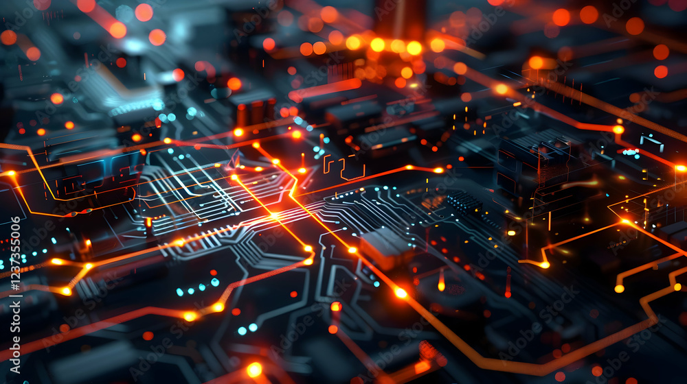 Poster a close-up view of a circuit board with glowing connections and intricate pathways.