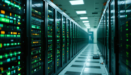 Fototapeta premium Data center with rows of servers and glowing lights, showcasing technology