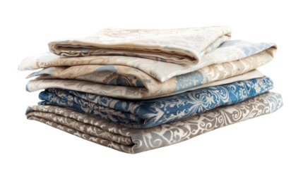 Stack of folded fabrics with ornate damask patterns on transparent background