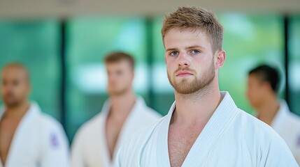 Fototapeta premium Focused martial artist in dojo; group training