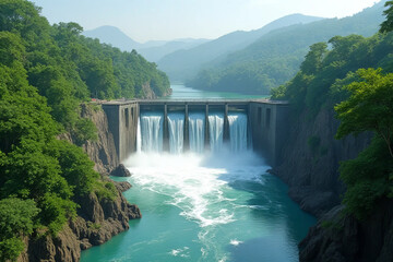 Fototapeta premium stunning waterfall cascading over dam surrounded by lush green mountains and serene river