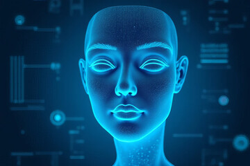 Futuristic blue digital face with glowing features and data background