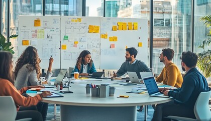 Team Brainstorming Session Around Whiteboard With Data Visualizations