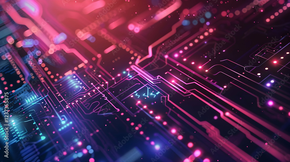 Poster abstract digital circuit design with vibrant colors and intricate patterns.