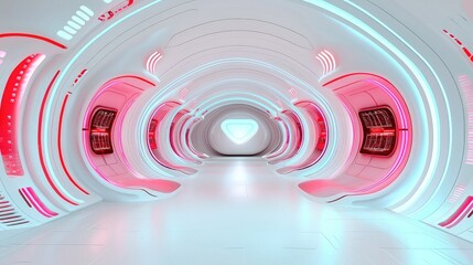Futuristic pink-lit corridor; heart-shaped portal. Sci-fi background; website design
