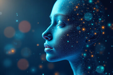 Obraz premium futuristic profile of woman with glowing blue skin and particles