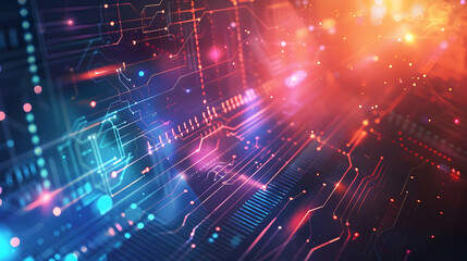 Fototapeta premium Abstract digital background featuring vibrant colors and circuit patterns.