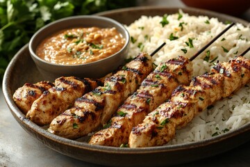 Grilled chicken satay with rice and peanut sauce