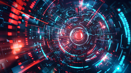 Obraz premium A futuristic digital tunnel with vibrant blue and red lights, representing technology and data flow.