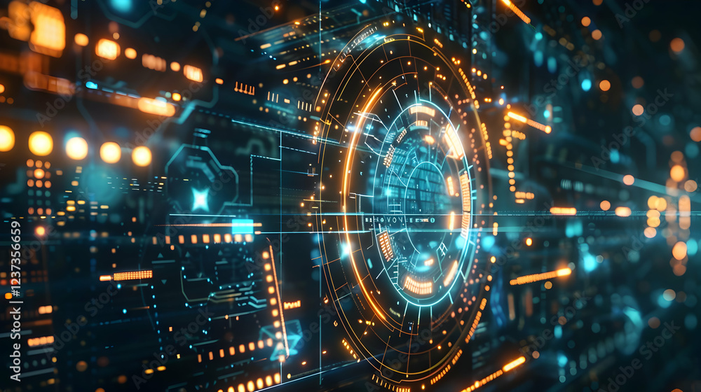 Poster abstract digital interface with glowing lines and circular elements representing technology.