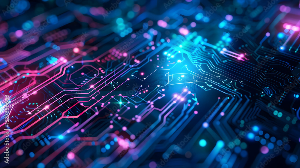 Poster abstract digital interface with glowing lines and circular elements representing technology.