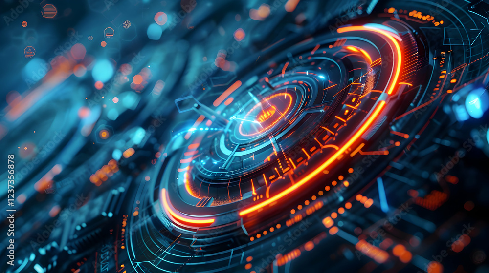 Aufkleber abstract digital interface with glowing elements and intricate circuitry design.