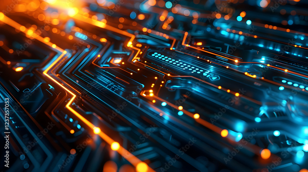 Poster abstract representation of a circuit board with glowing lines and nodes.