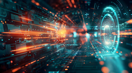 Abstract digital landscape with vibrant lines and glowing elements, representing technology.