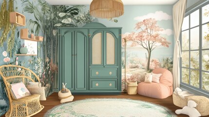 Serene Child's Bedroom with Tropical Mural and Vintage Armoire
