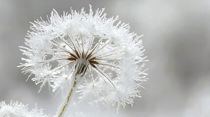Frozen dandelion seed head in winter.