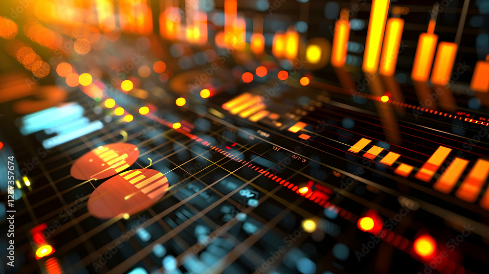 Poster abstract digital visualization of data with graphs and charts.